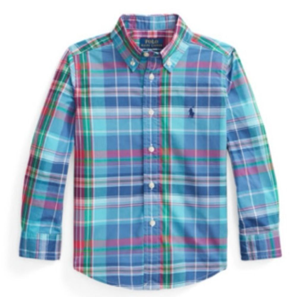 Ralph Lauren Boys Toddler Kids Long Sleeve Plaid Button Up Poplin Shirt. 5. 5T.